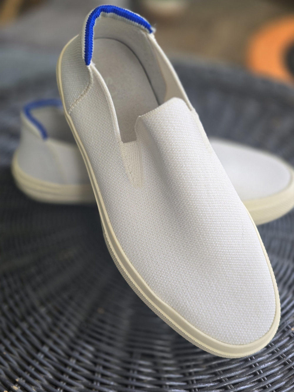 Rothy's White Slip-On Sneakers with Blue Heel Trim